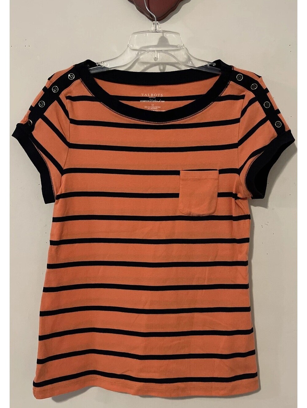 Talbots Womens Large Petite Coral Striped Cotton Blend Stretch Weekend Tee A5947